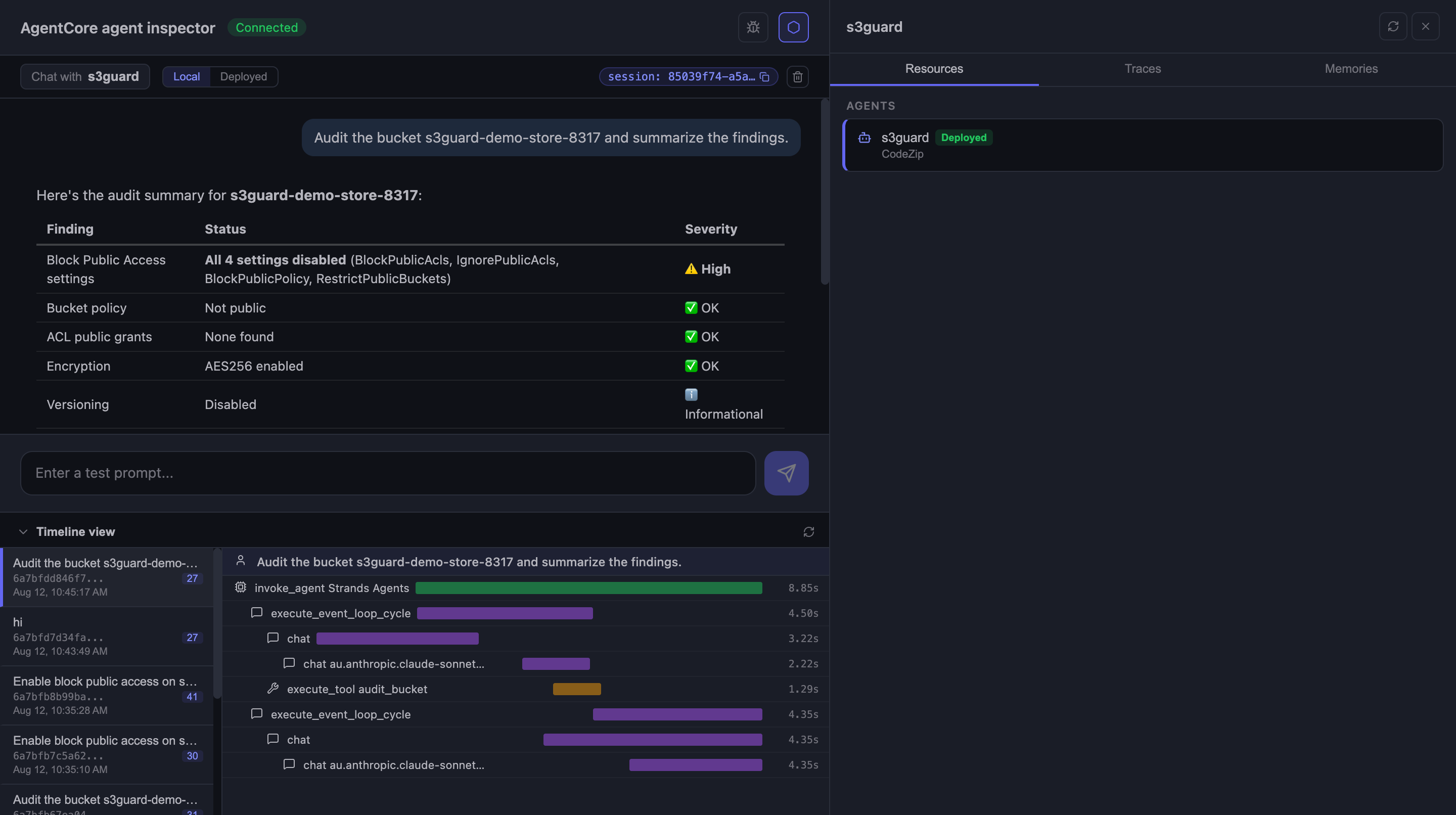 The agent inspector UI showing the audit conversation and the trace waterfall with the audit_bucket tool span